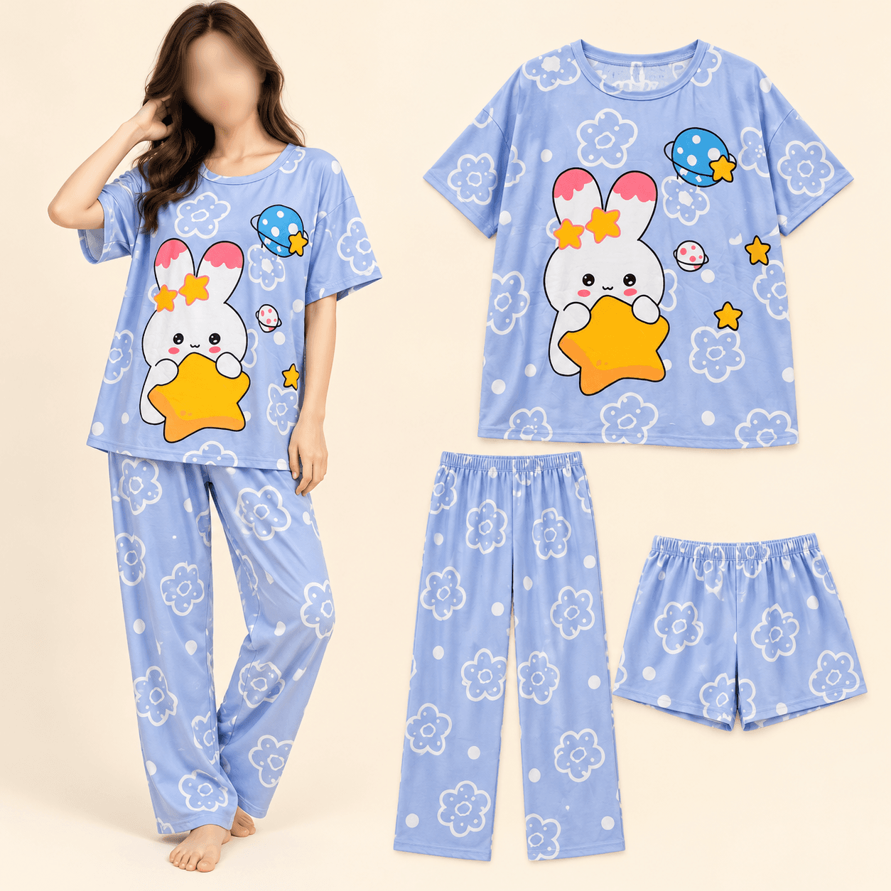 💙 طقم بيجاما نسائي – 3 قطع FREE SIZE